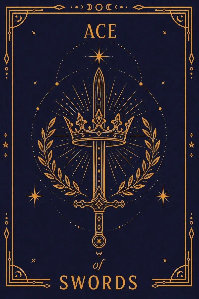 A hand from cloud grips an upright sword crowned with a laurel wreath and an olive branch, victory and peace held together on one blade.