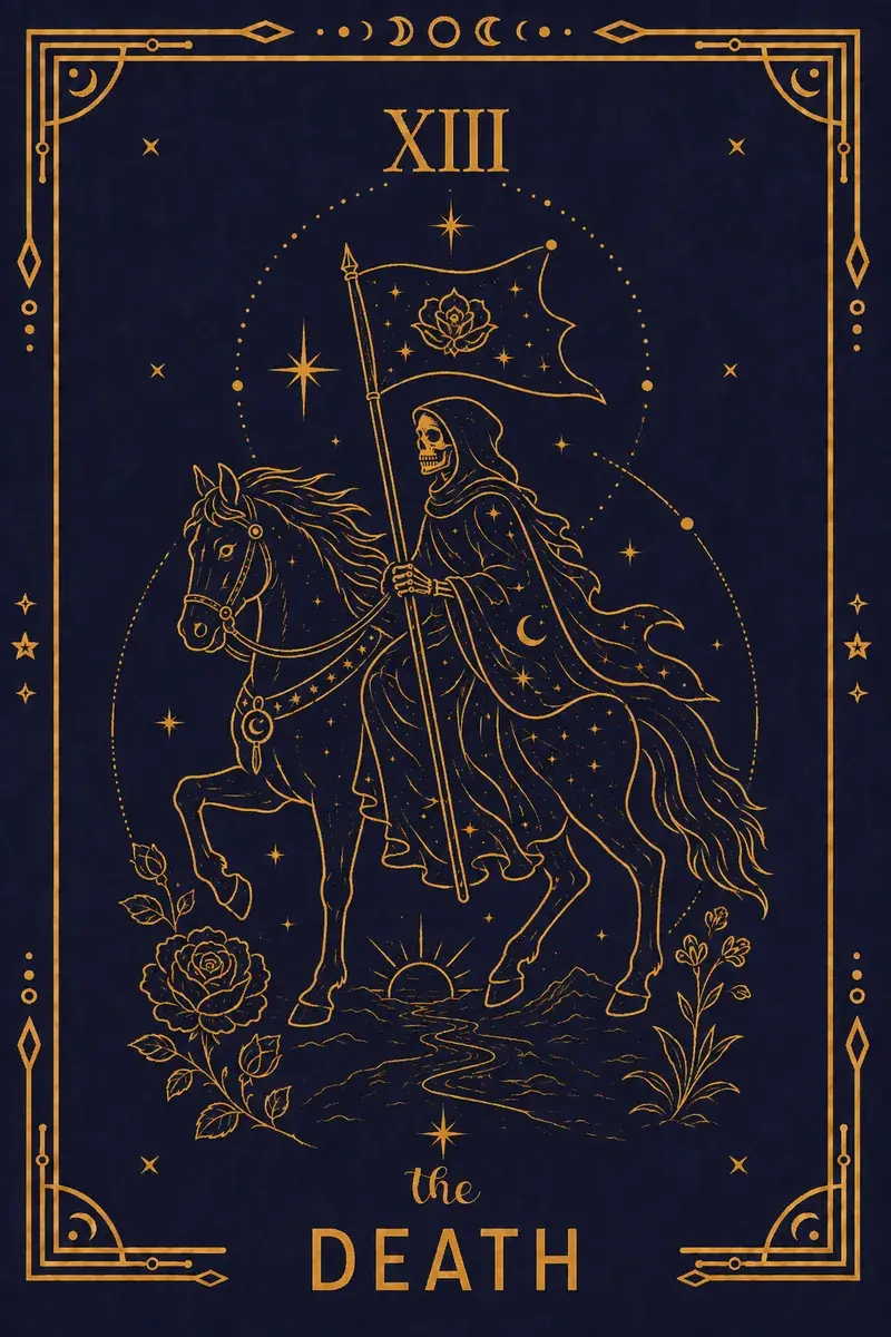 A skeleton in black armour rides a white horse, carrying a banner of the white mystic rose: the imagery of a triumphal procession, not a slaughter.