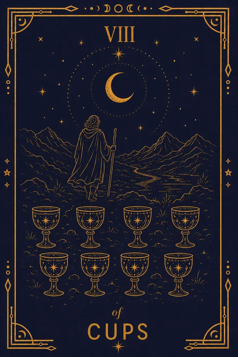 A figure walks away over rocky ground toward mountains, leaving eight cups stacked with a visible gap.