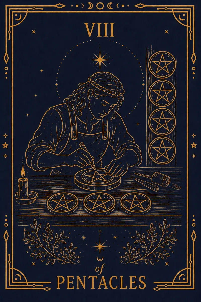 A craftsman carves a pentacle at a bench, six already hung on a post beside him and one at his feet.