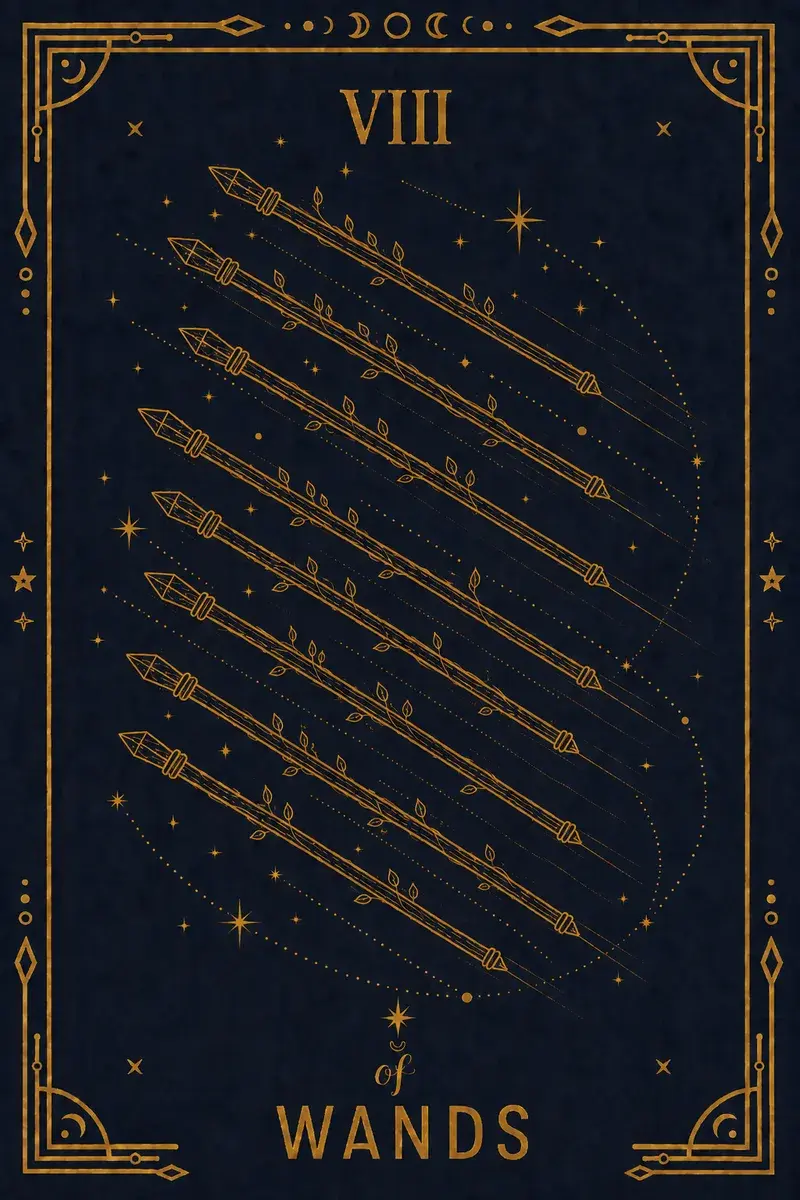 Eight staves fly through open sky over a green landscape, no people anywhere in the card.
