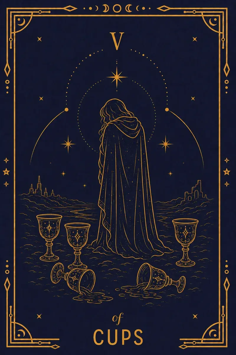 A cloaked figure looks down at three spilled cups; two upright cups stand behind him, and a bridge leads to a castle across the river.