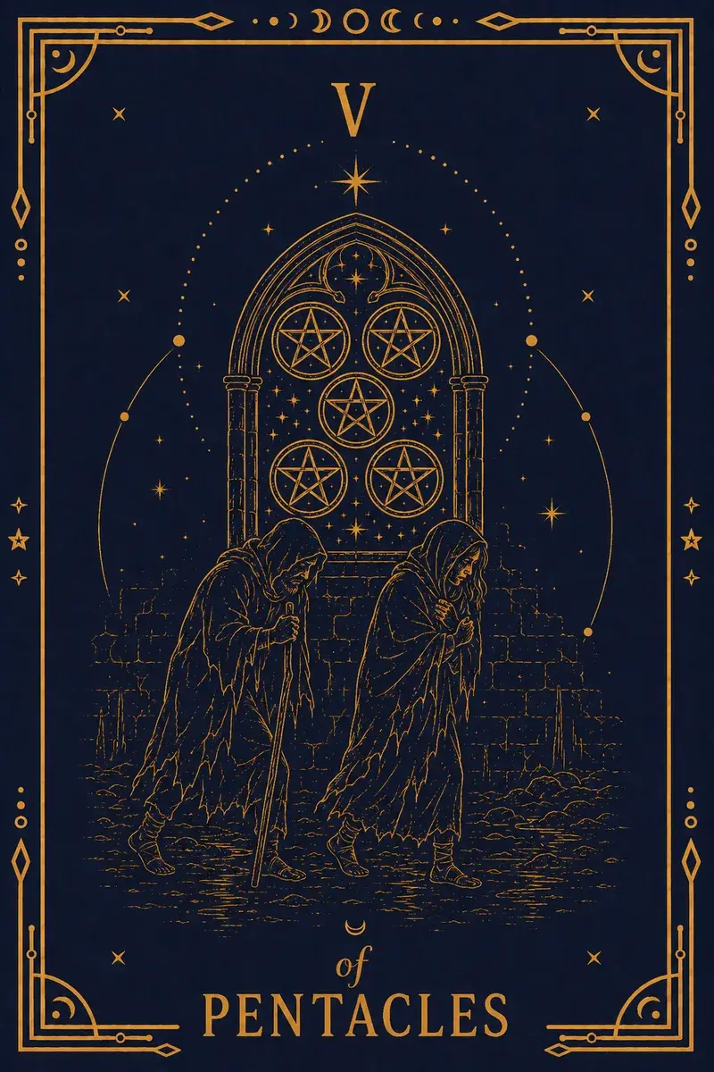 Two figures, one on crutches, trudge through snow past a stained-glass window glowing with five pentacles.
