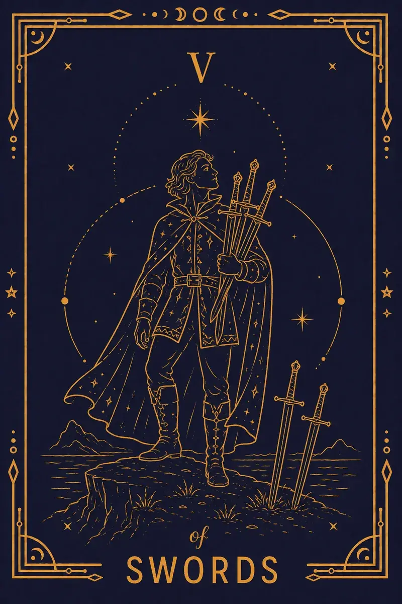 A smirking figure gathers swords while two others walk away with their backs turned, heads down.
