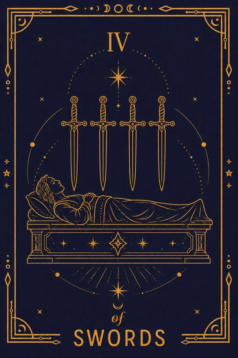 A knight lies in effigy on a tomb, hands in prayer, one sword beneath him and three on the wall above.