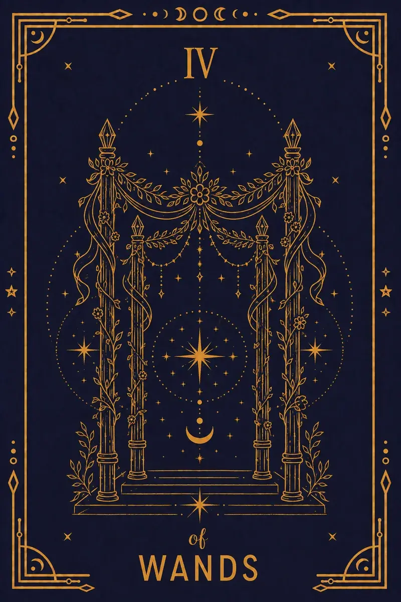 Four wands form a garland-hung canopy, a *chuppah* in most readings, with two figures raising bouquets beneath and a castle behind.