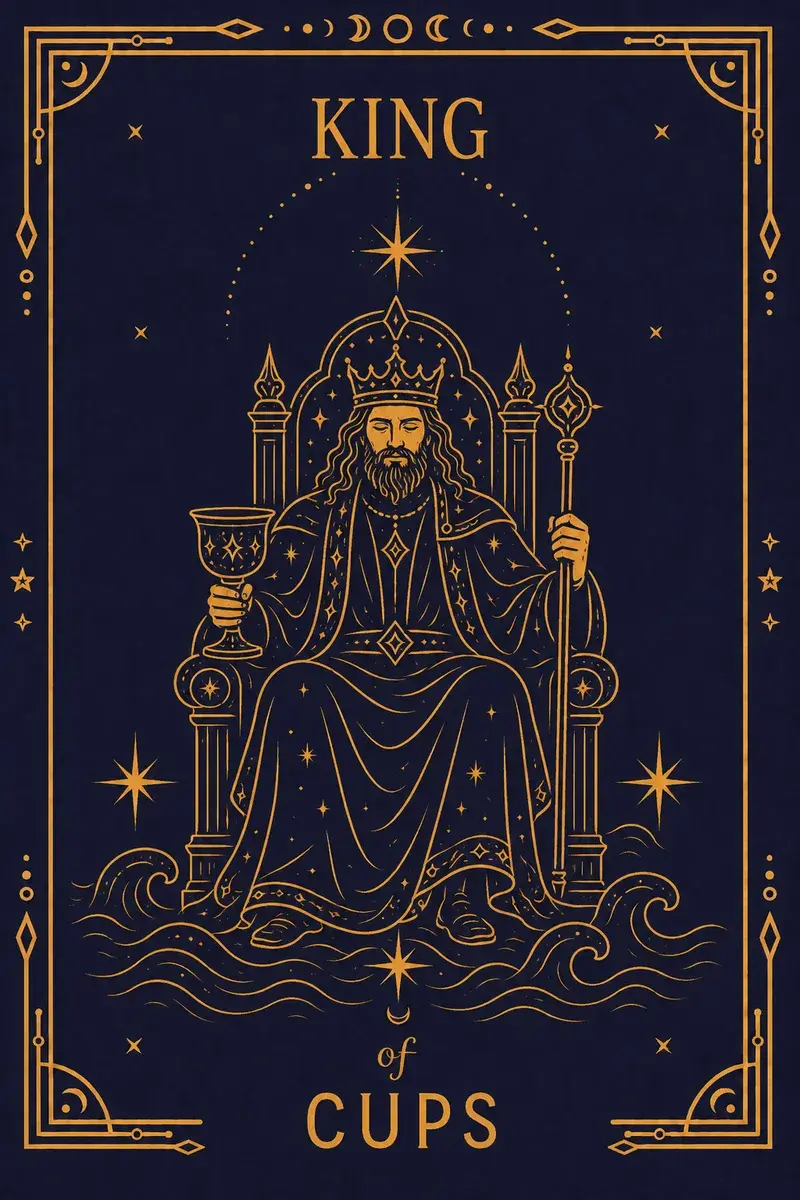 He sits on a throne floating on turbulent water, holding a cup and a sceptre, entirely dry.