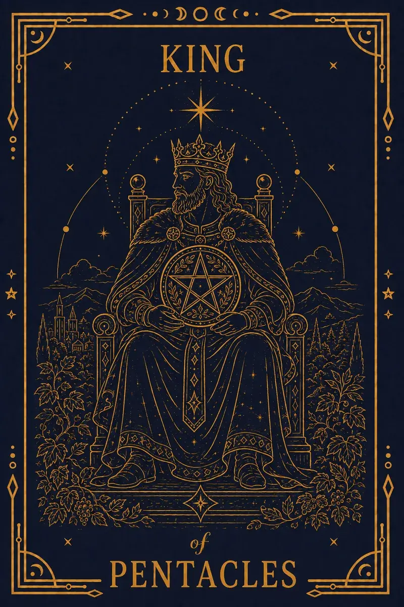 He sits on a throne carved with bulls, robed in grapevines, one hand on a pentacle and a castle behind him.