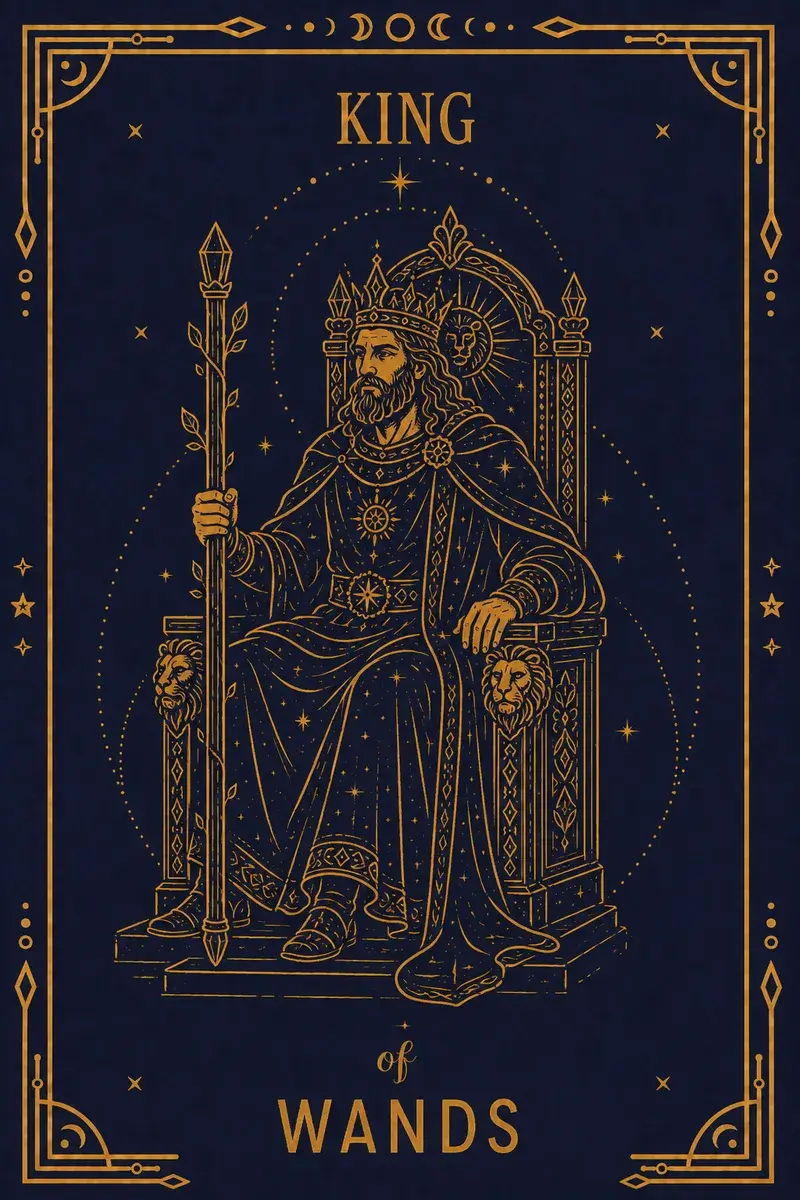 He sits on a throne carved with lions and salamanders, wand in hand, turned slightly away as if mid-decision.