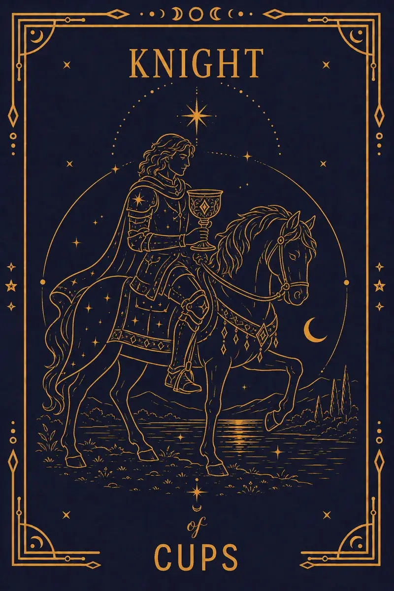 A knight rides a white horse at a measured walk, holding out a cup, winged helmet and heels for Hermes.