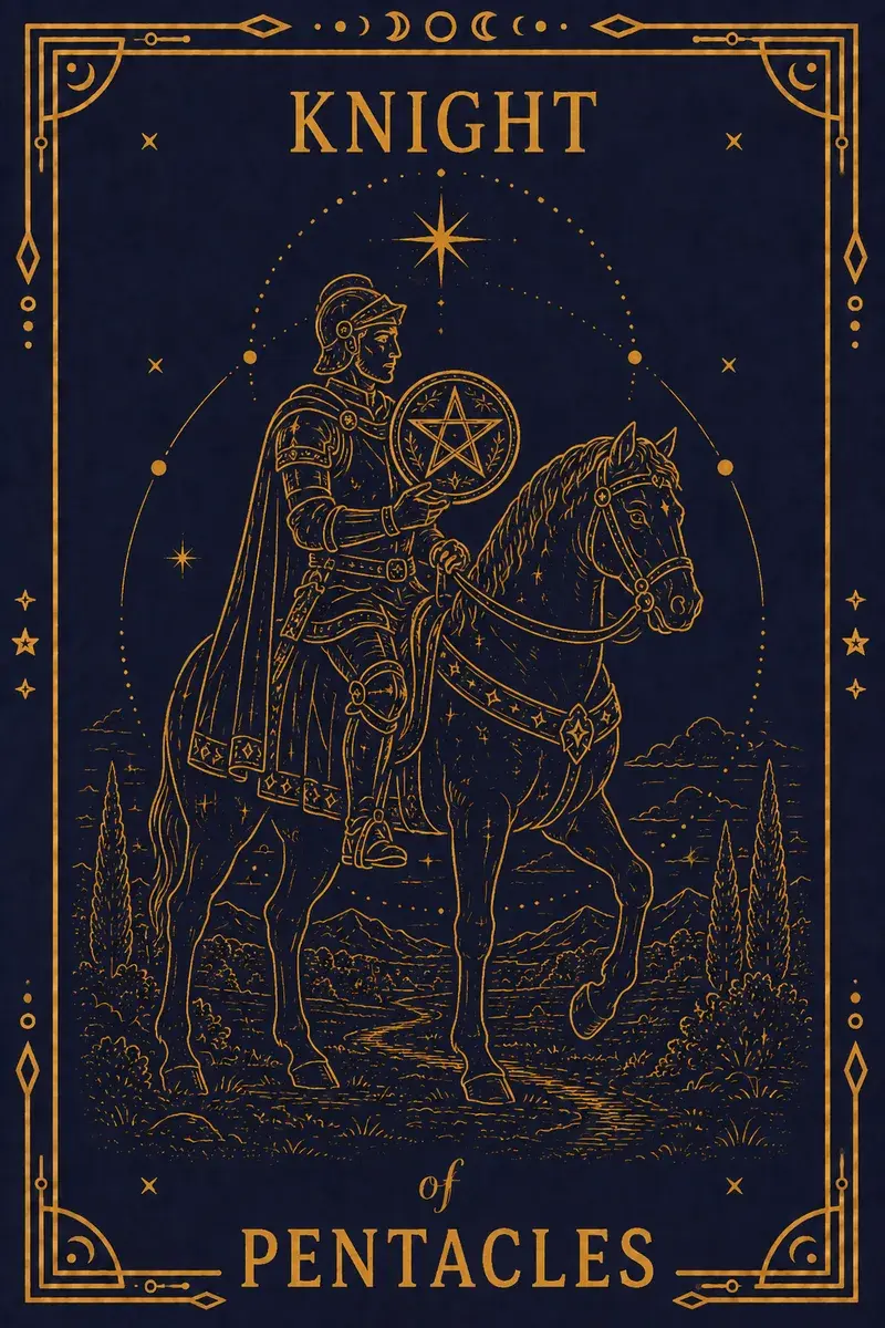A knight in dark armour sits on a heavy black horse that is completely stationary, holding a pentacle level in front of him.