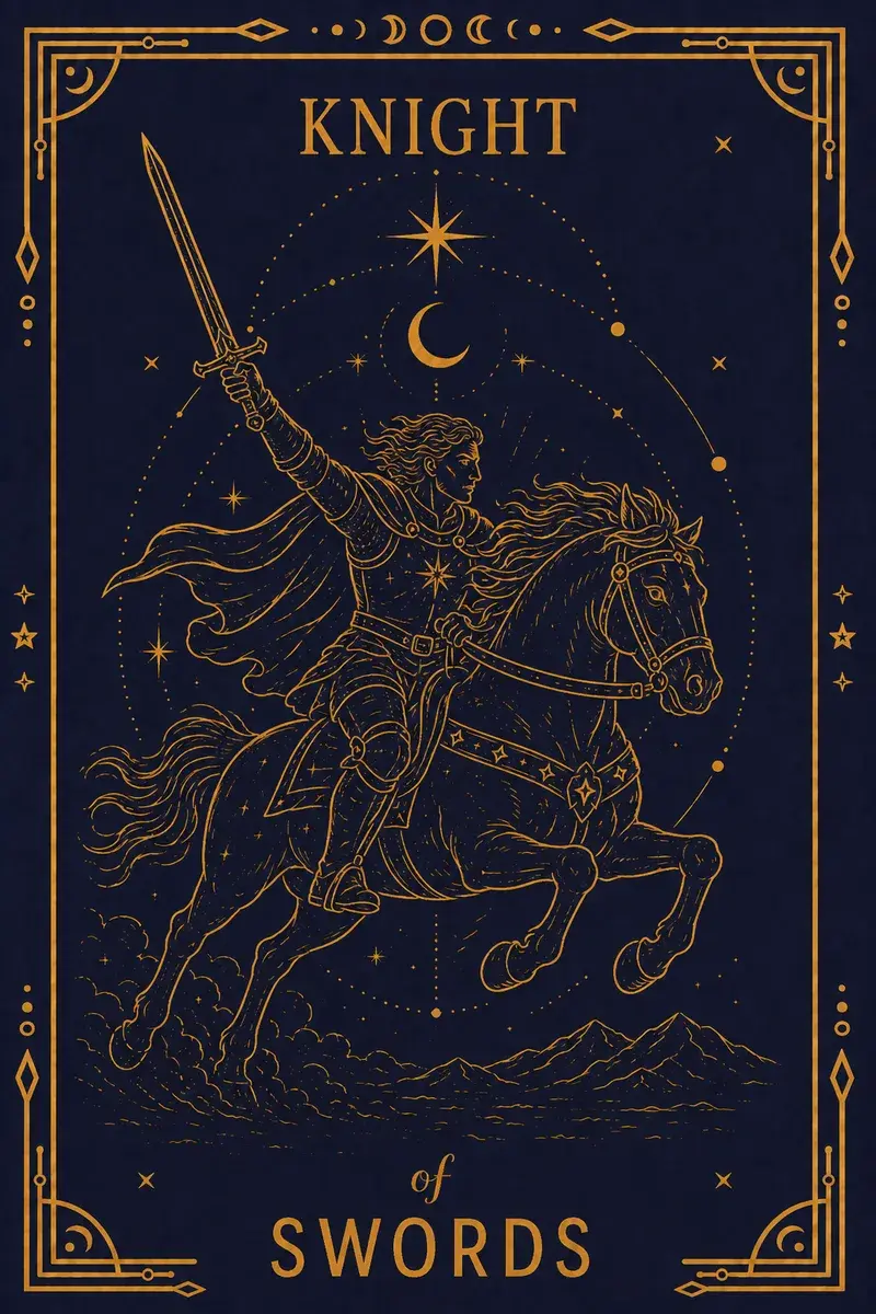 A knight charges at full gallop, sword raised, cloak and horse's mane streaming backward.