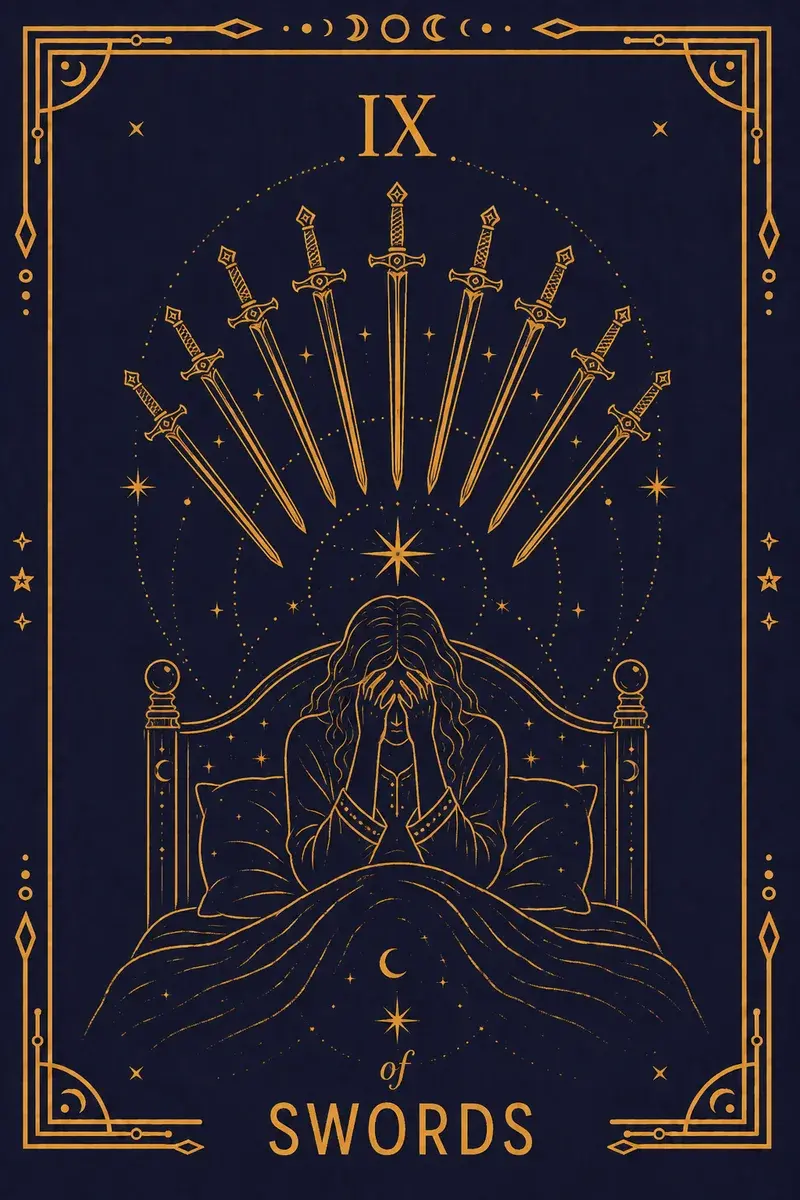 A figure sits up in bed with their face in their hands, nine swords hanging on the wall behind, not touching them.