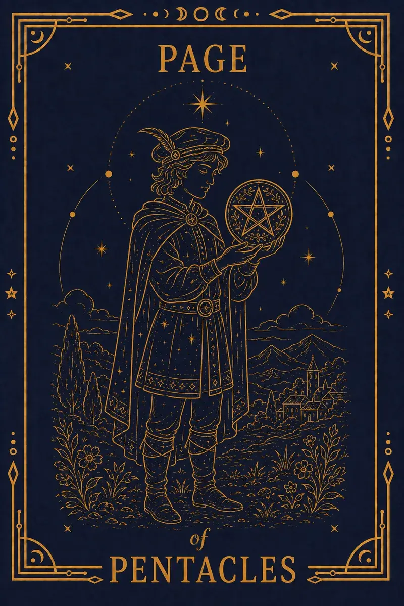 A young figure stands in a ploughed field holding a pentacle up in both hands, studying it with complete attention.