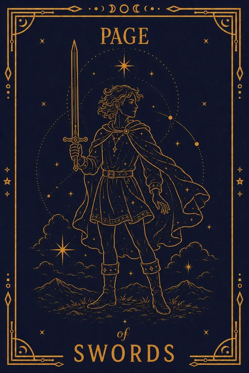 A young figure stands on a windswept ridge holding a sword upright in both hands, looking sideways rather than ahead.