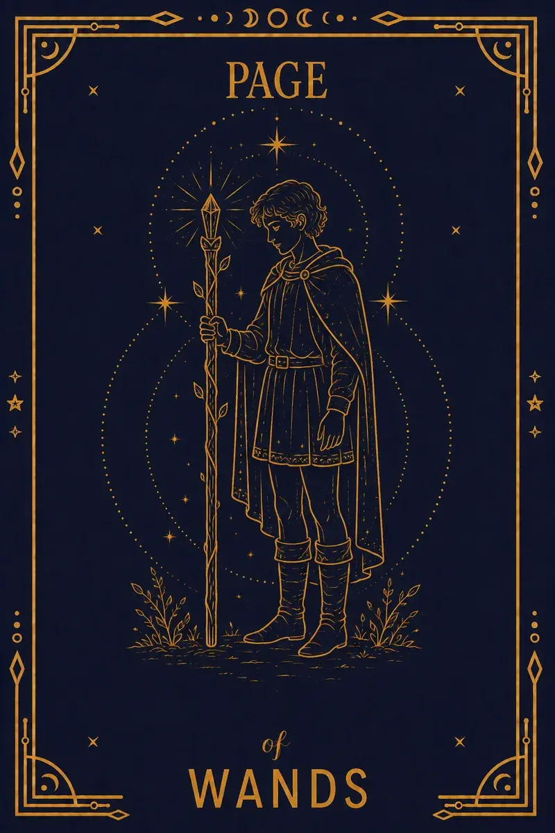 A young figure in a salamander-patterned tunic studies the sprouting wand he holds.