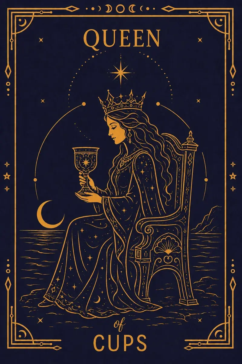 She sits at the water's edge gazing into an ornate lidded cup with handles like angels.