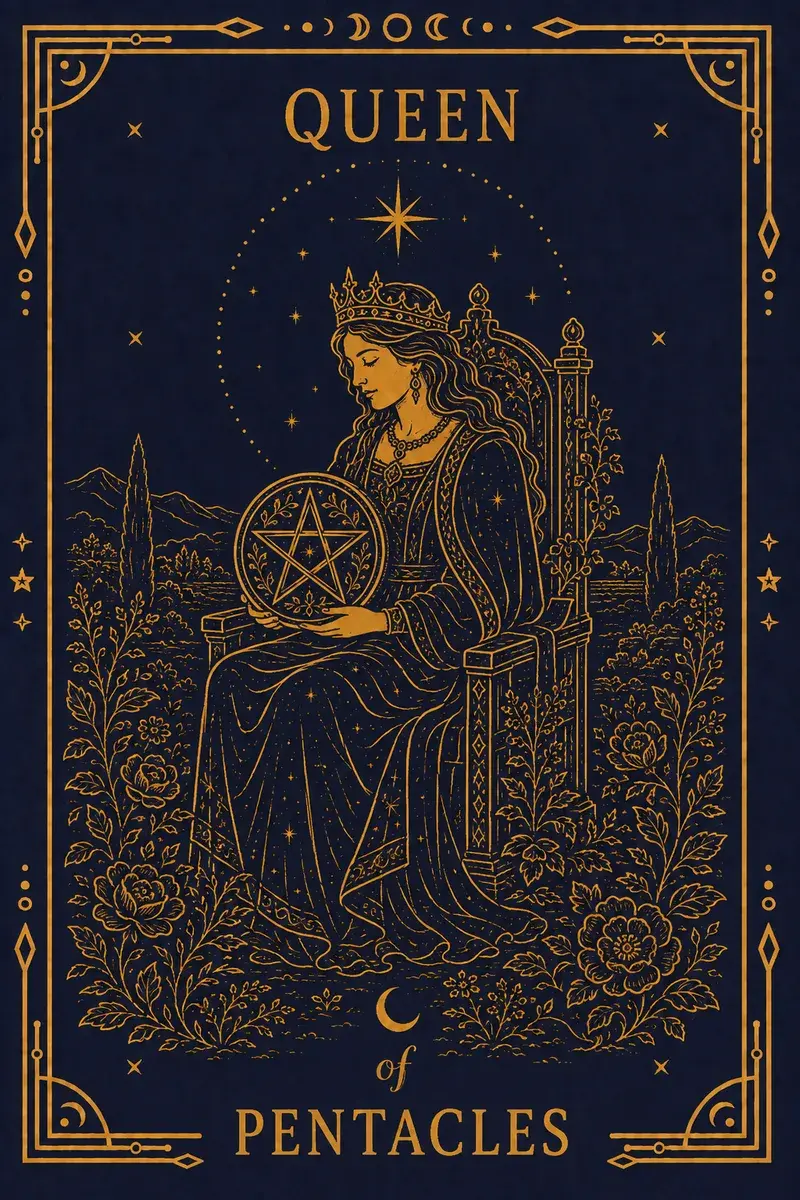 She sits in a flowering bower cradling a pentacle in her lap, looking down at it.