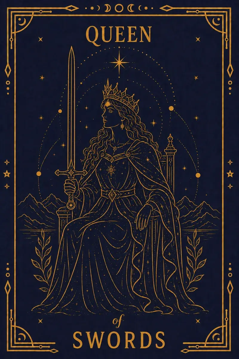 She sits facing left with sword upright in her right hand and her left extended, palm open, judgement and reception at once.