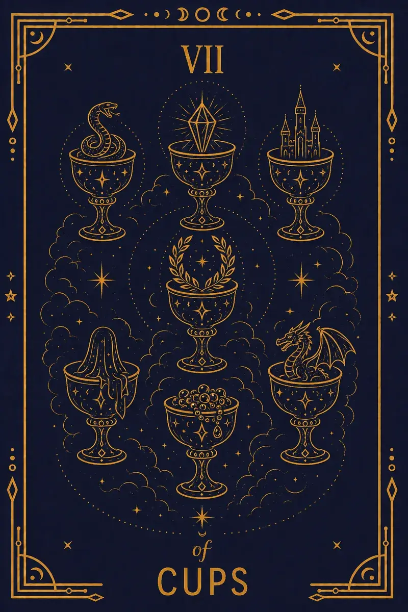 A silhouetted figure faces seven cups in cloud, each holding something different: a face, a shrouded glowing figure, a snake, a castle, jewels, a laurel, a dragon.