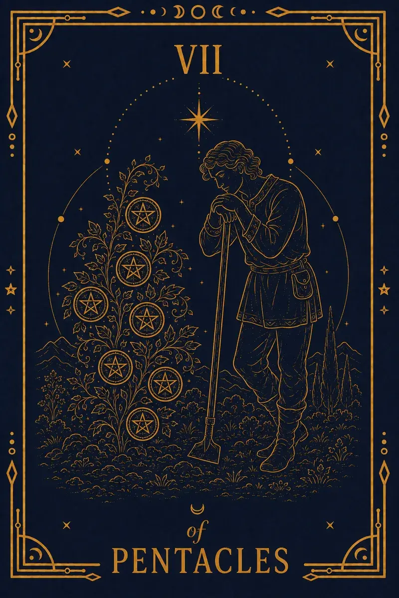 A young man leans on a hoe, looking at seven pentacles growing on a vine.