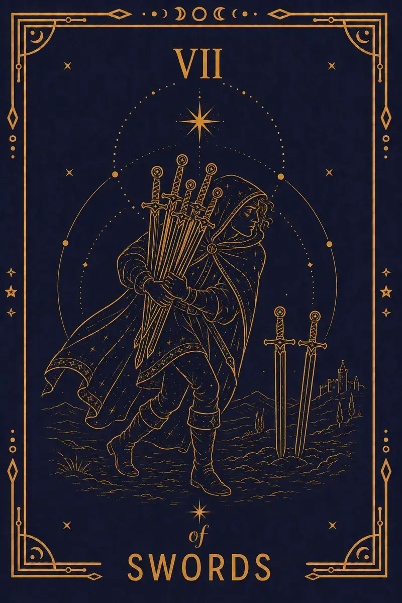 A man creeps from a camp with five swords, leaving two planted behind, looking back over his shoulder with a smile.