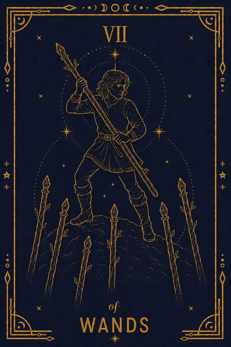 A man on high ground fends off six staves rising from below.