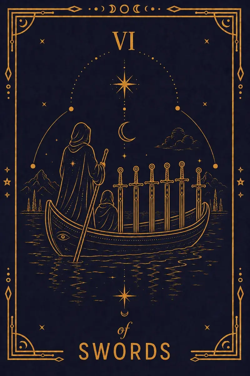 A ferryman poles a boat carrying a cloaked figure and a child; six swords stand upright in the hull.