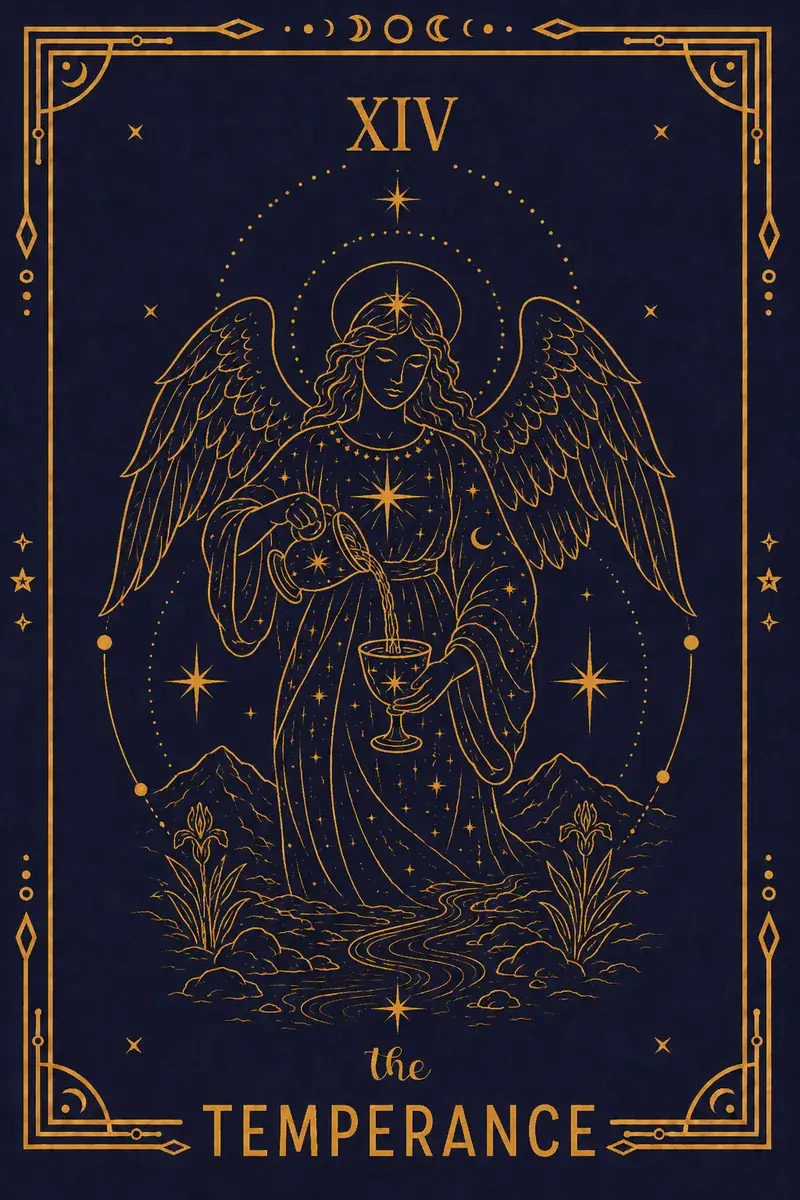 An angel pours liquid between two cups, one foot on land and one in water, grounded and fluid at once, and the stream between the cups flows at an angle no physical liquid would.