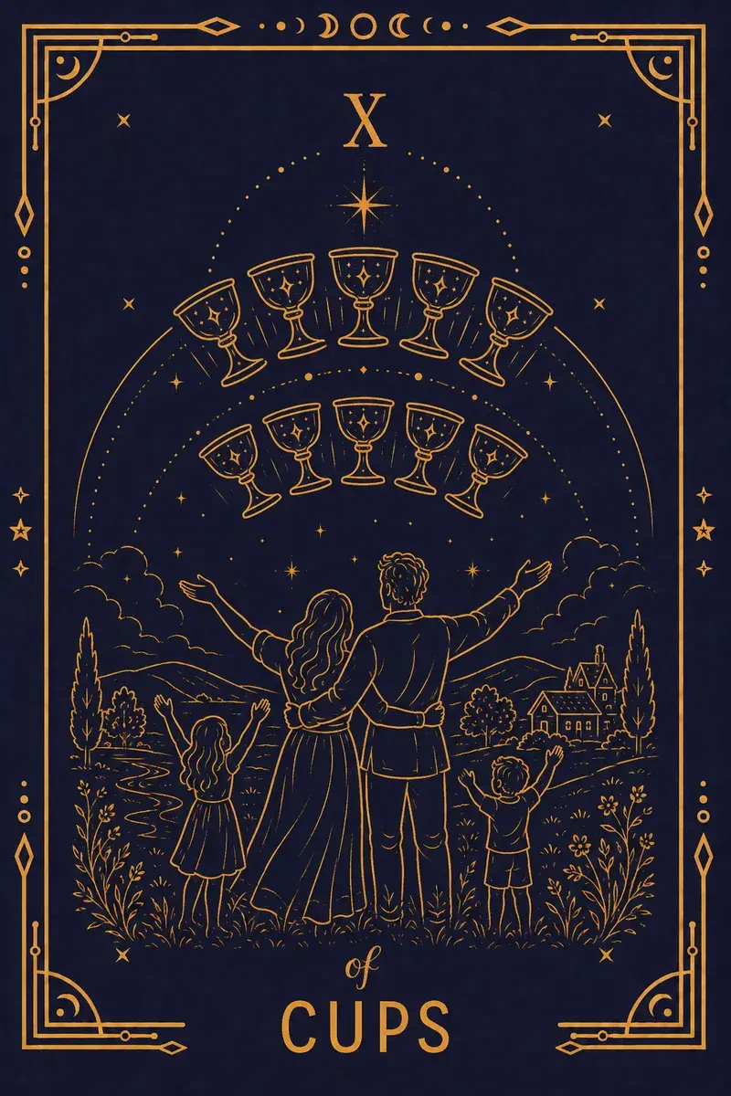 A couple stand with arms raised toward a rainbow of ten cups, two children dancing beside them, a house on the hill behind.