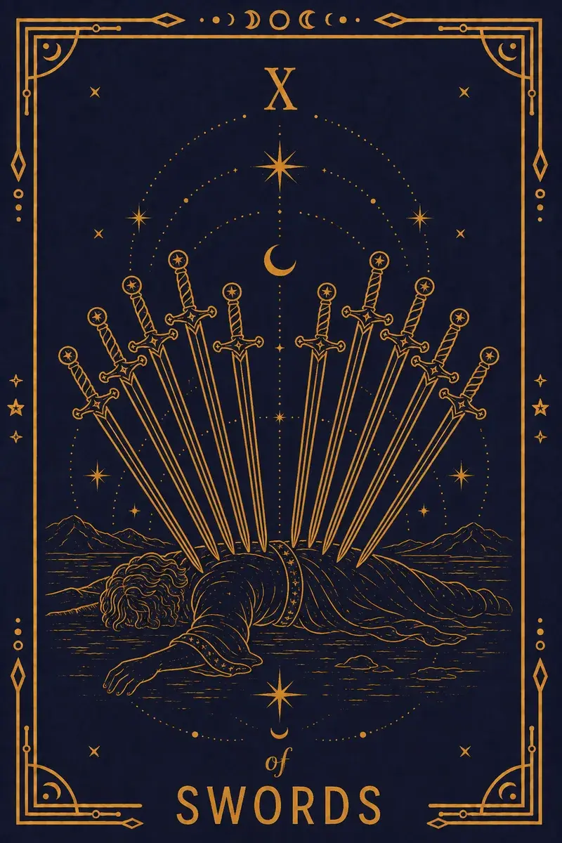 A figure lies face down with ten swords in his back under a black sky, and a clear yellow dawn breaks along the horizon.