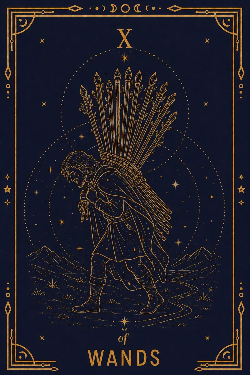 A man carries ten staves in a bundle so wide he cannot see over it.