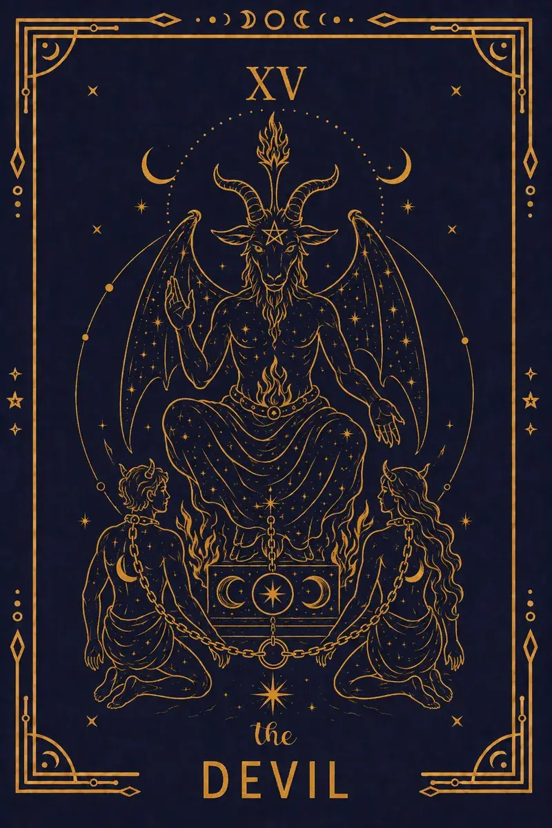 A Baphomet figure looms over a chained man and woman who have grown small horns and tails.