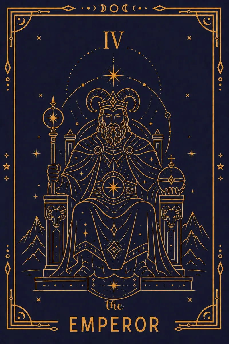 His throne is stone carved with ram's heads for Aries, and he wears armour under his robe.