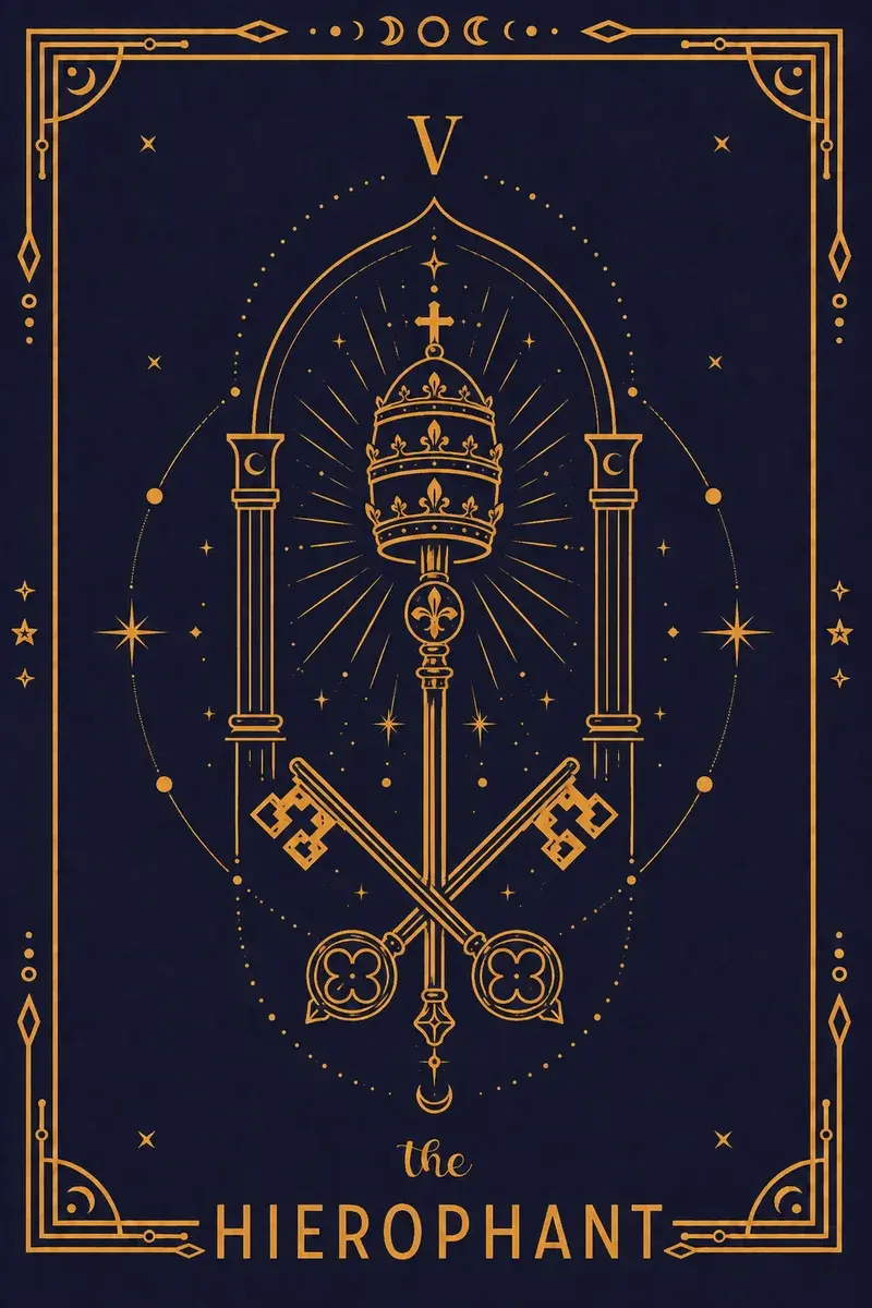 He raises a hand in blessing while two initiates kneel below.