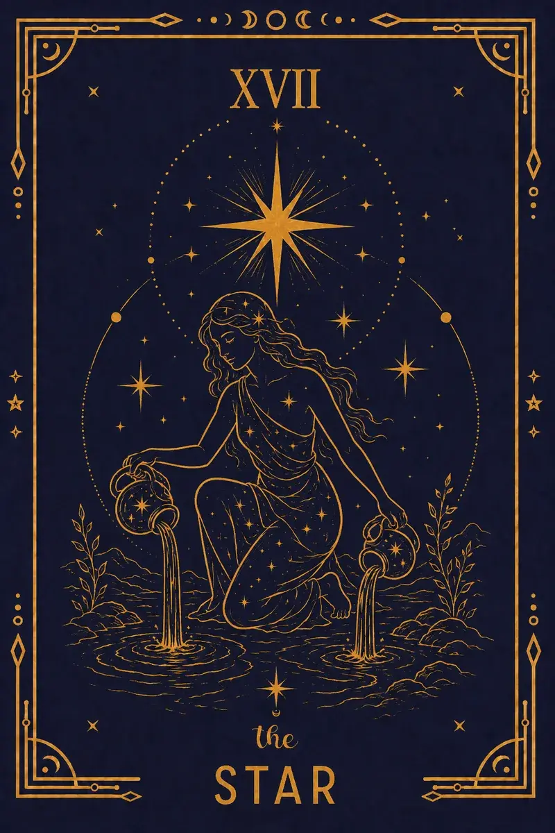 A naked woman kneels by a pool, one foot on land and one in water, pouring from two vessels: one back into the pool, one onto the earth.