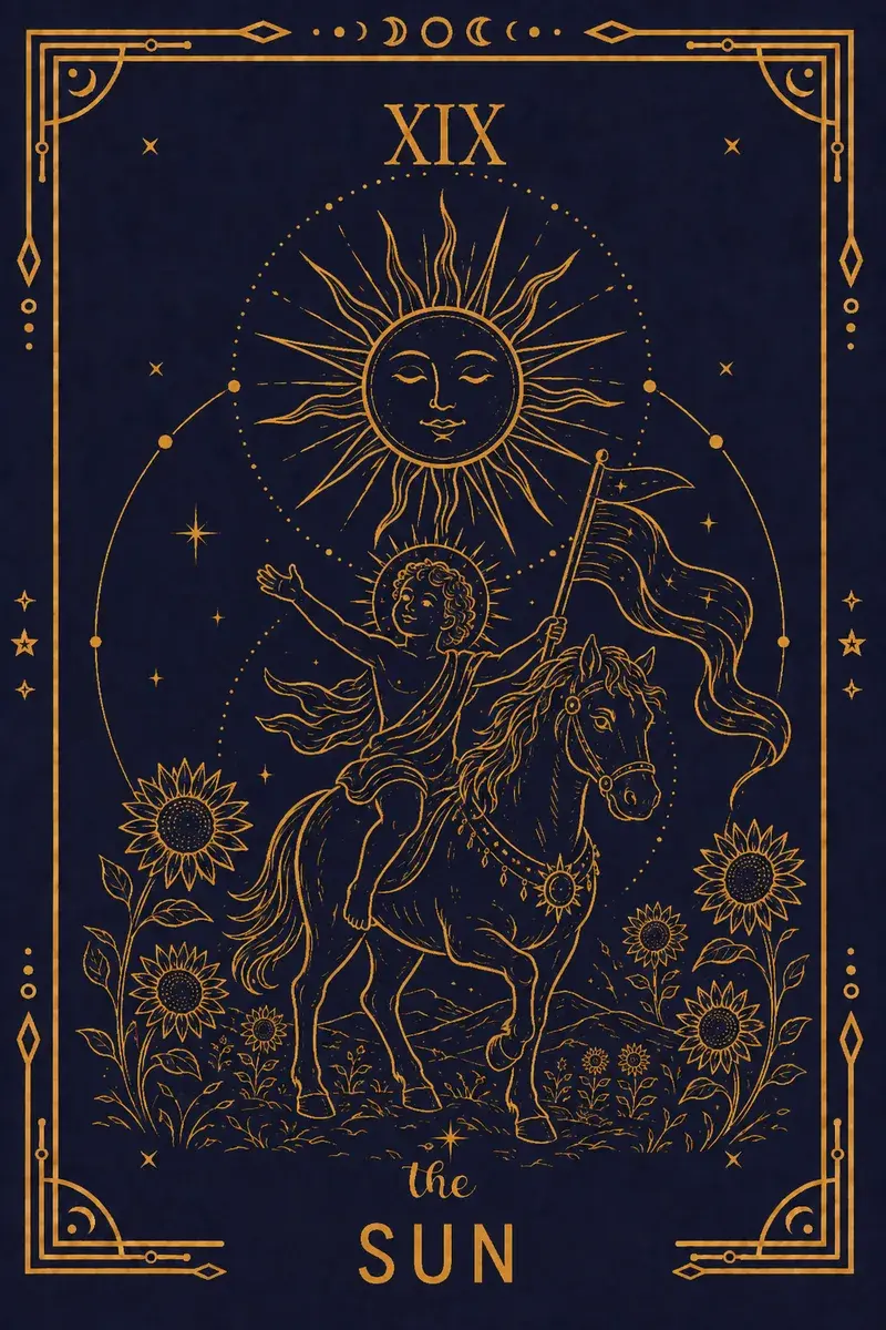A naked child rides a white horse under a face-bearing sun, arms open, holding a red banner, no saddle, no fear, nothing concealed.