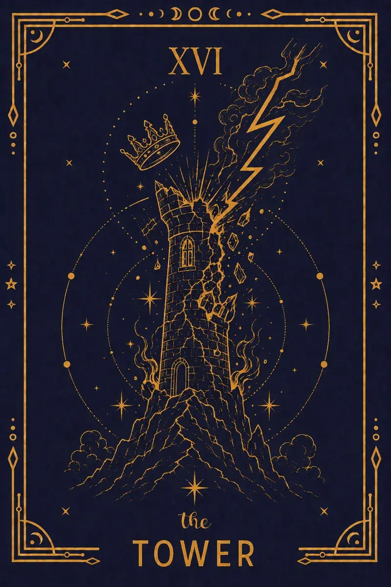 Lightning strikes a tower and knocks off its crown; two figures fall headfirst, and the crown was never part of the structure to begin with.