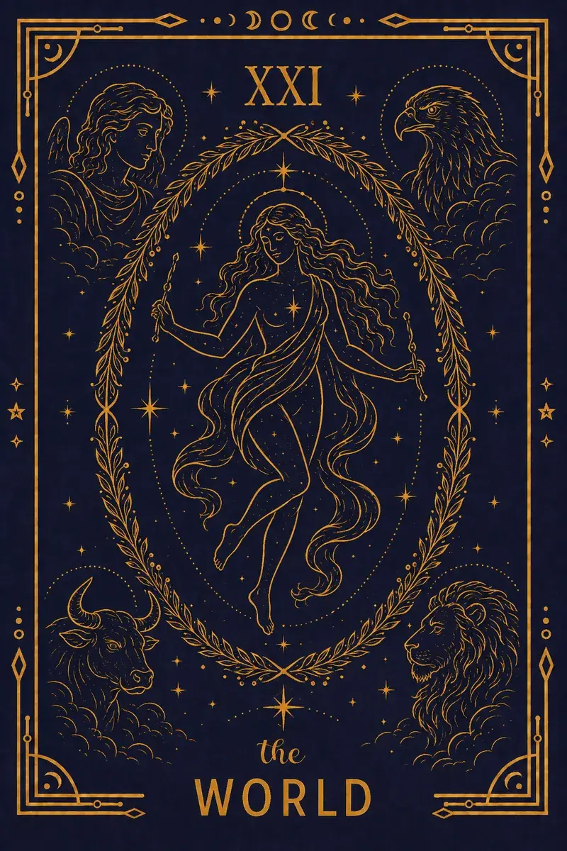 A dancing figure wrapped in a violet sash floats inside a laurel wreath, holding two wands: The Magician's single wand, now doubled and balanced.