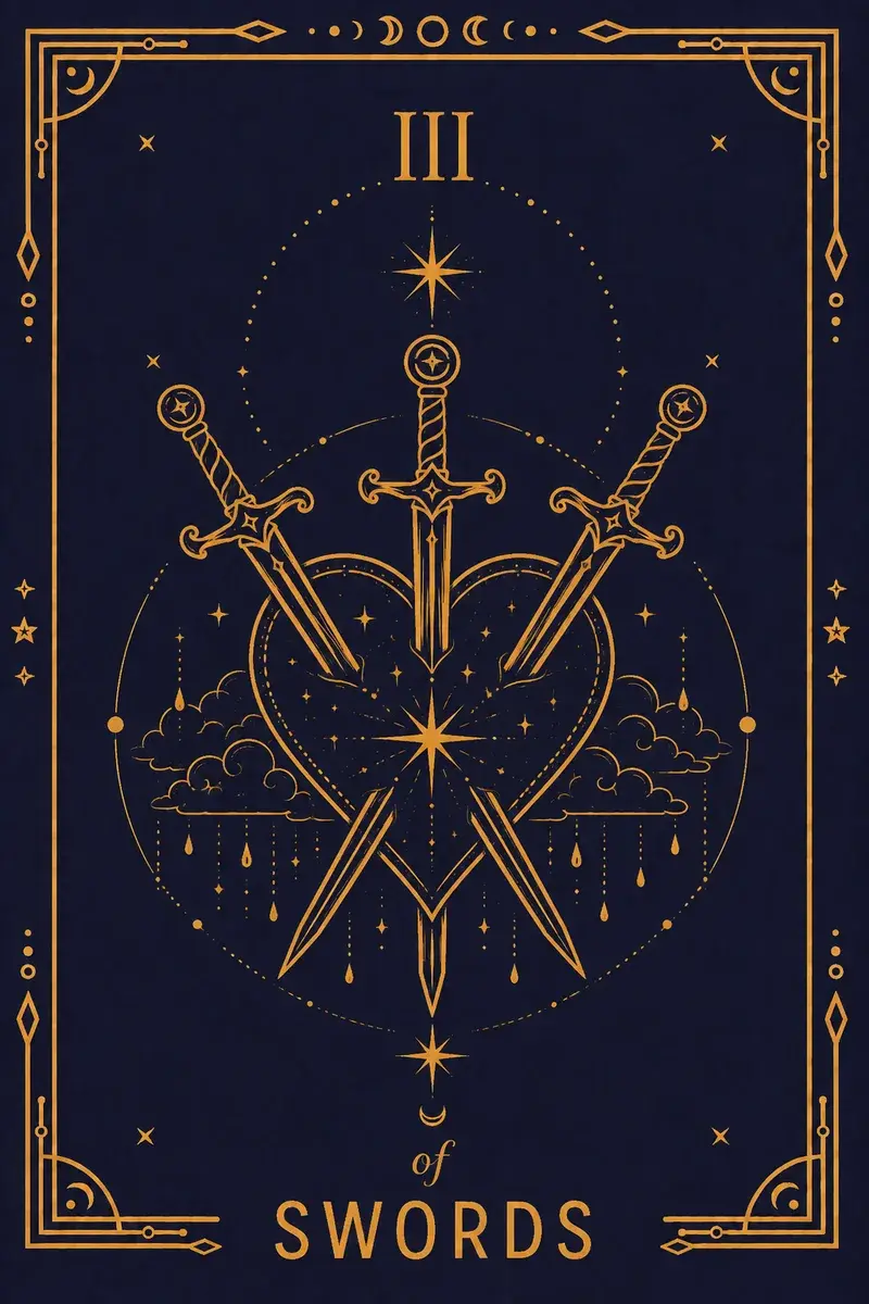 Three swords pierce a red heart against grey rain.
