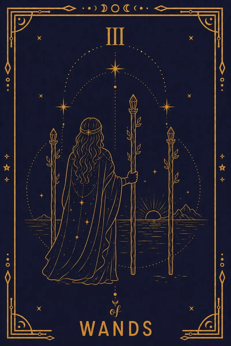 A figure stands on a headland with his back to us, three wands planted, watching ships on the water.