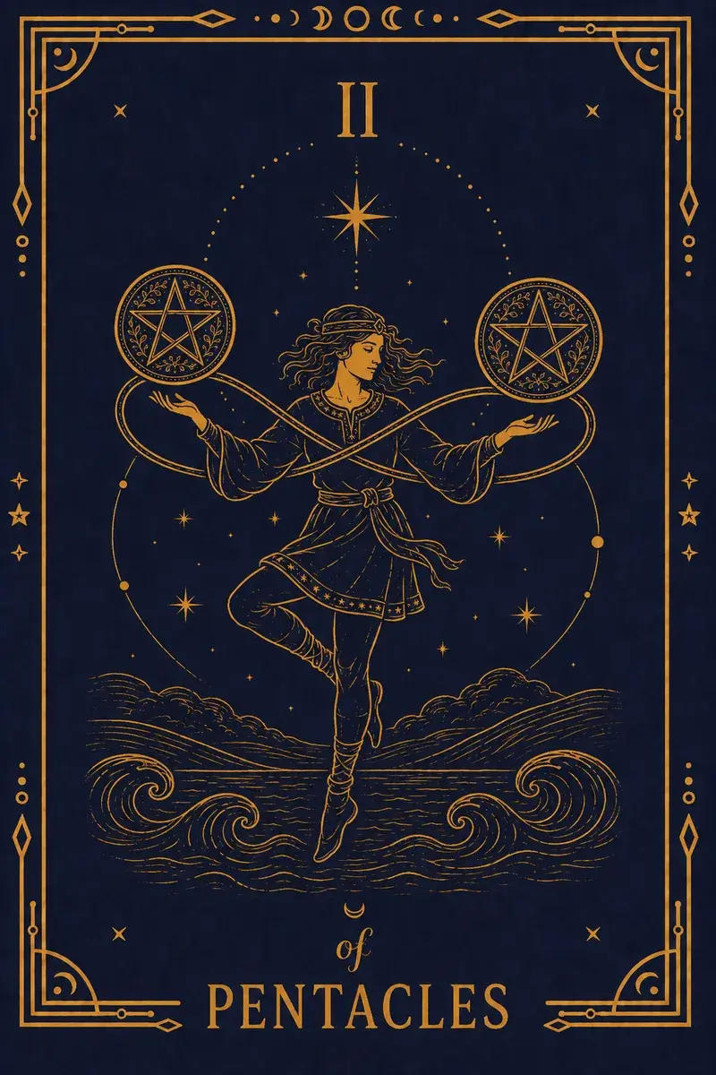 A figure dances while juggling two coins linked by a lemniscate: the infinity loop from The Magician, here as a rope keeping two things tied together.