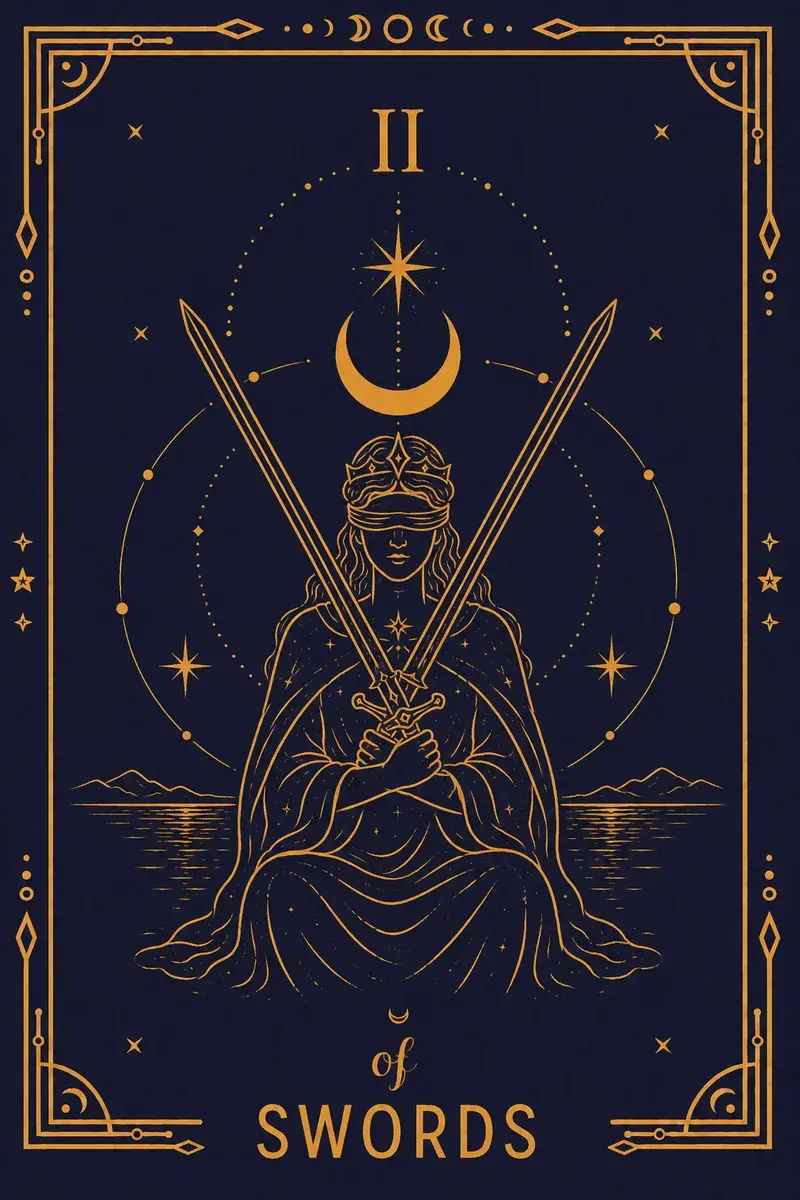 A blindfolded woman sits before still water holding two crossed swords, the crescent moon above.