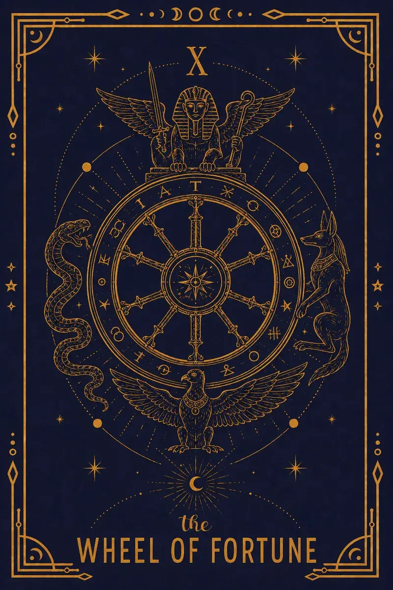 The wheel bears TARO/ROTA and the Hebrew letters of the divine name.